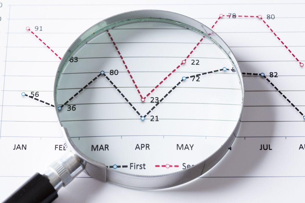 Magnifing glass and documents with analytics data lying on table